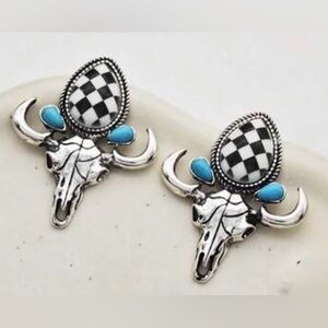 Western Earrings Turquoise Accent Bull Skull Earrings with Black & White Checker